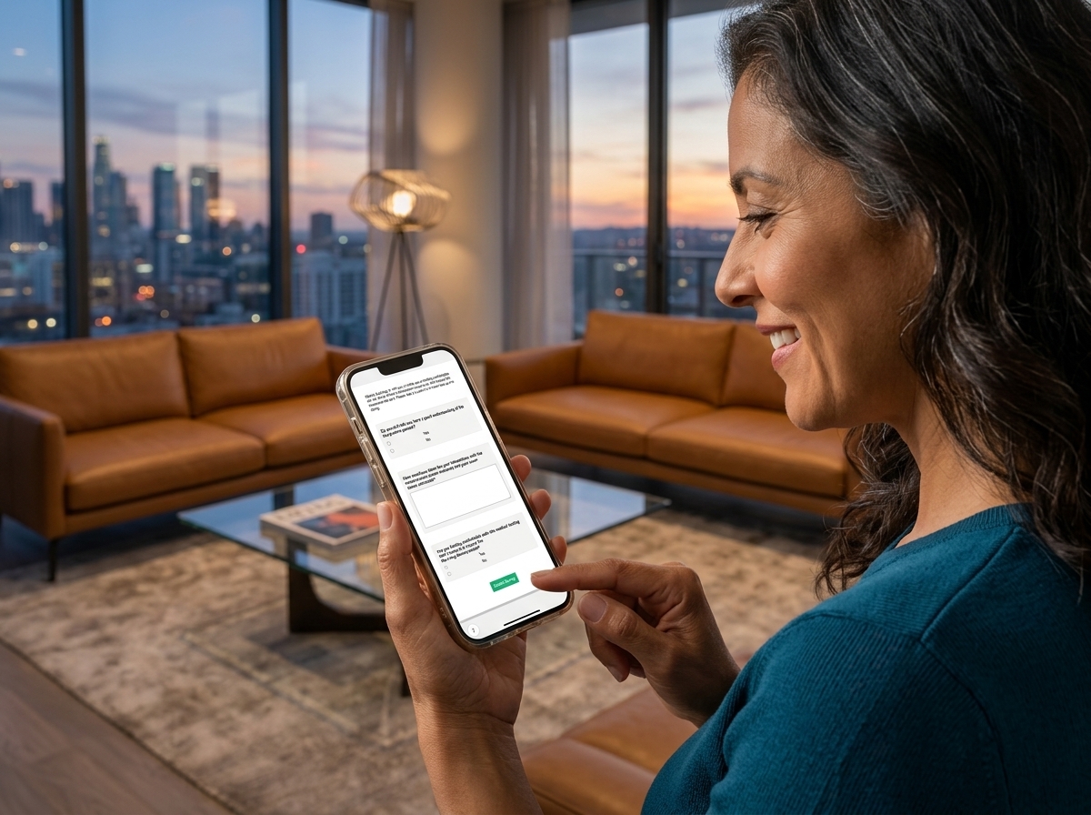 woman holding phone taking a survey